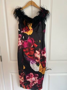 Coast satin floral dress with feather neckline